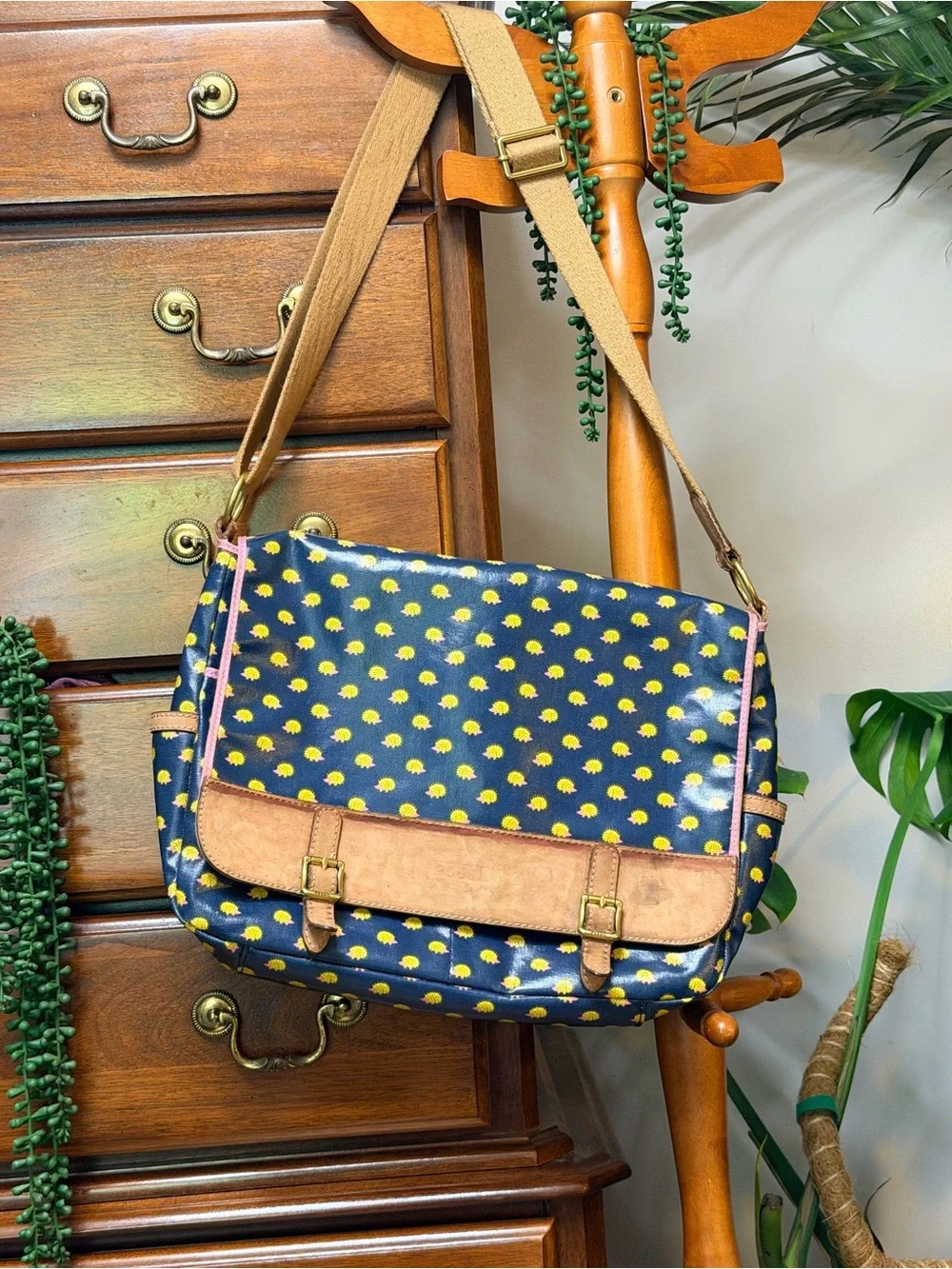 Restored Fossil Canvas Water Resistant Messenger Bag with Hedgehog Print